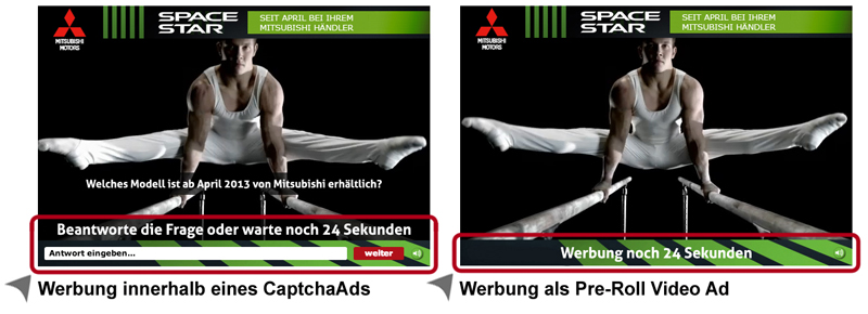 Videospot des Werbepartners MITSUBISHI MOTORS im Werbemittelvergleich CaptchaAd mit Interaktionsnotwendigkeit durch den User vs. Pre-Roll Video Ad ohne aktive Einbindung des Users.